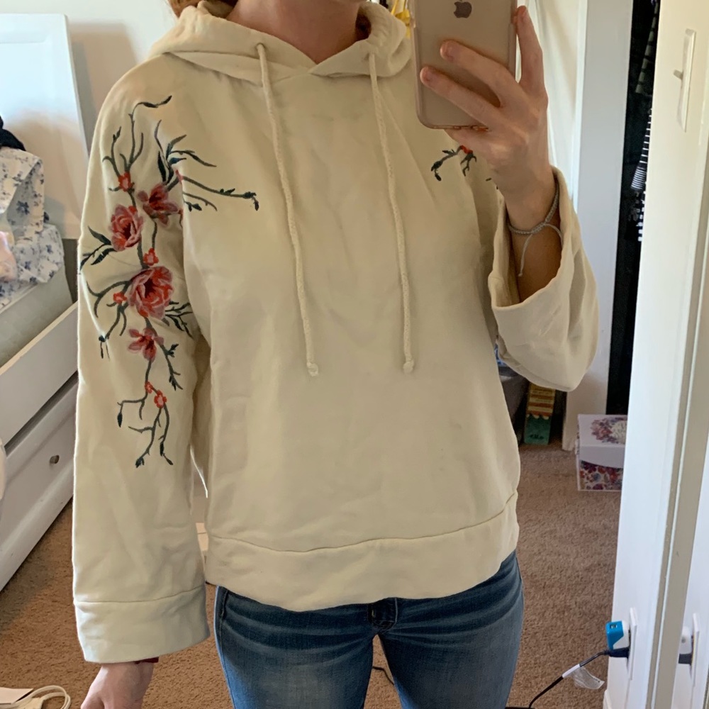 Cream Sweatshirt with Floral Detail on Shoulders